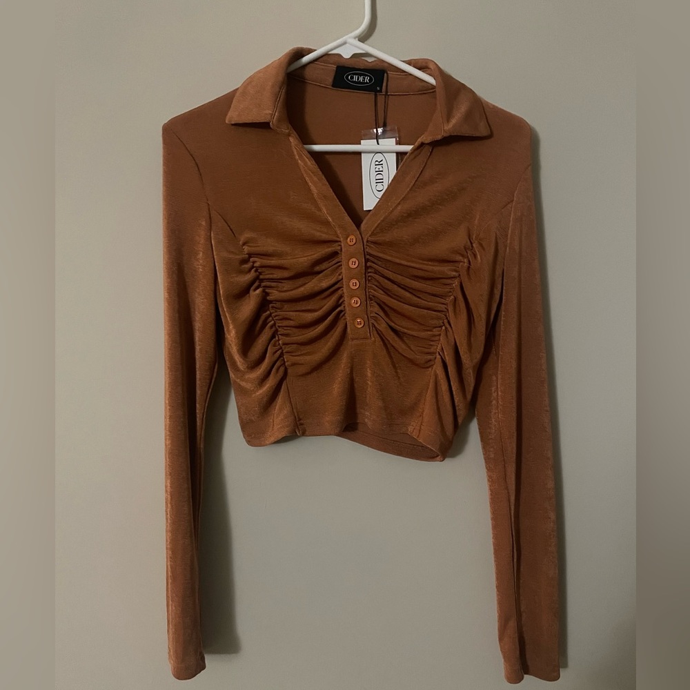 CIDER - burnt orange, collared, button up long sleeve crop top